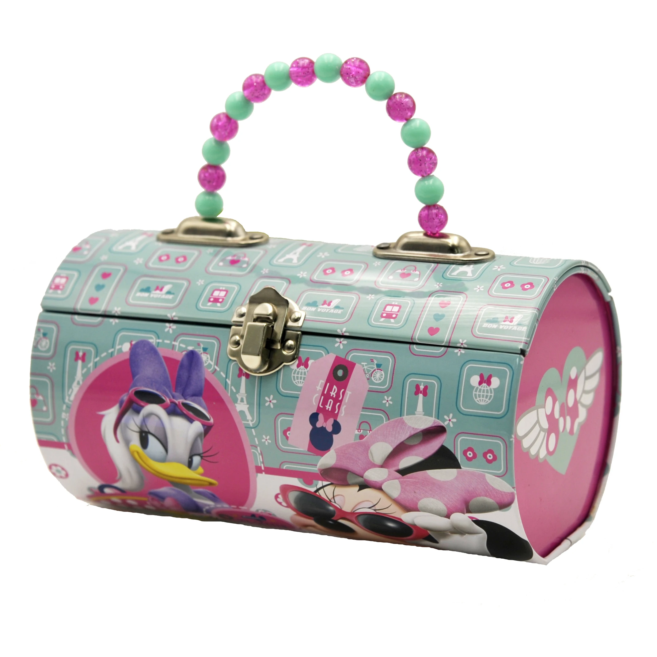 Stylish Cylinder Colorful Lunch Tin Box With Beads Handle gifts package