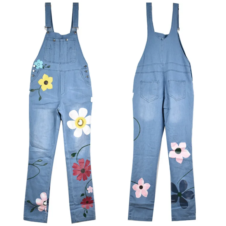 
2020 qzbaoshu Womens Floral Long Jeans Denim PocketS Ready Made Overalls Bib Pants 
