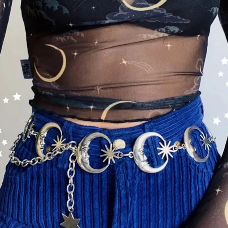 Ecowalson Harajuku Punk Moon Metal Belts Women Vintage High Waist Chain Gothic Sun Sliver Pendant