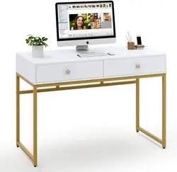 White high gloss home office writing desk computer laptop table  with two drawers