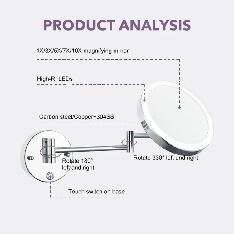 Wholesale Prices Custom Logo LED Double Sided Wall Mounted Mirror Retractable Cosmetic Mirror Lighted Makeup Mirror