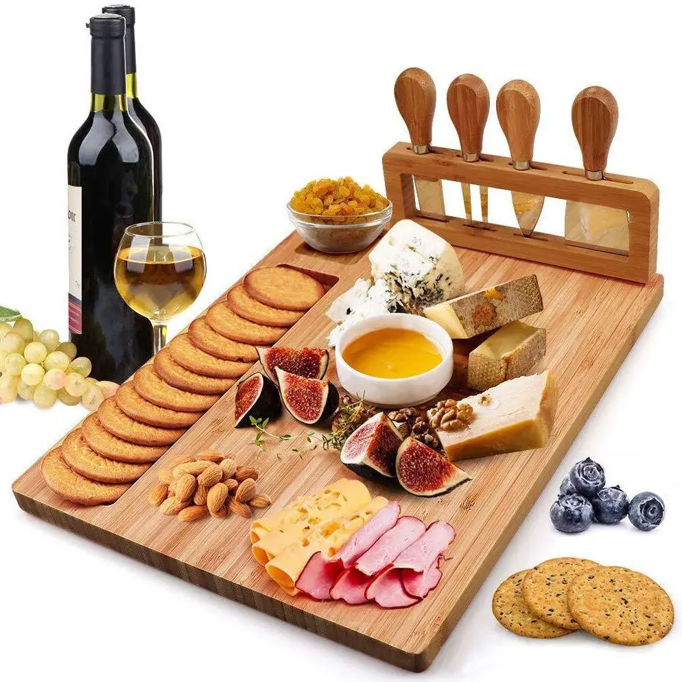 Natural bamboo cheese board cutting board adjustable cutlery tray set with slide-out drawer