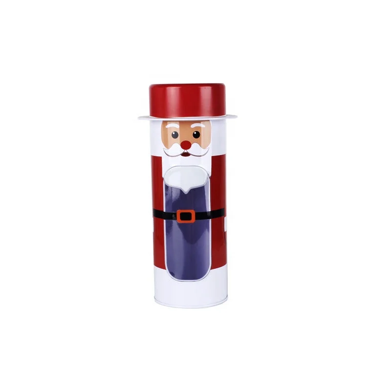Christmas Season Santa Tin Box Round Tin Tube with Hat Lid and clear Window on Body for Chocolate & Candy Packaging
