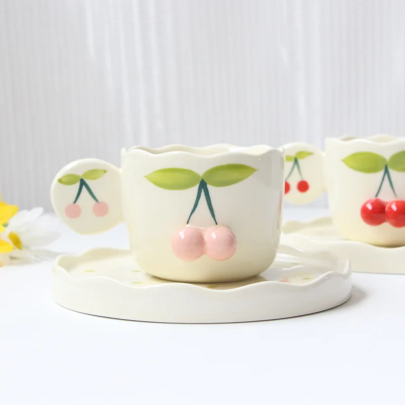 Simple cherry ceramic coffee cup and saucer cute three-dimensional shape milk breakfast cup