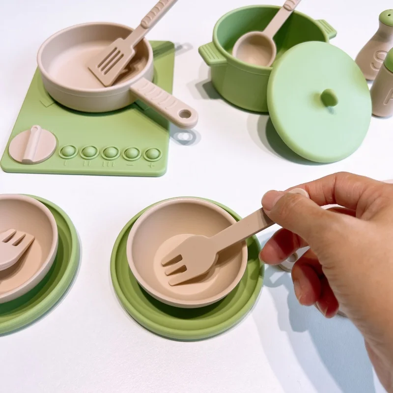 Food-Grade Silicone Kid 14 Pcs Kids Toy Kitchen Accessories Set With Play Pots And Pans Kids Pretend Play Kitchen Toy Set