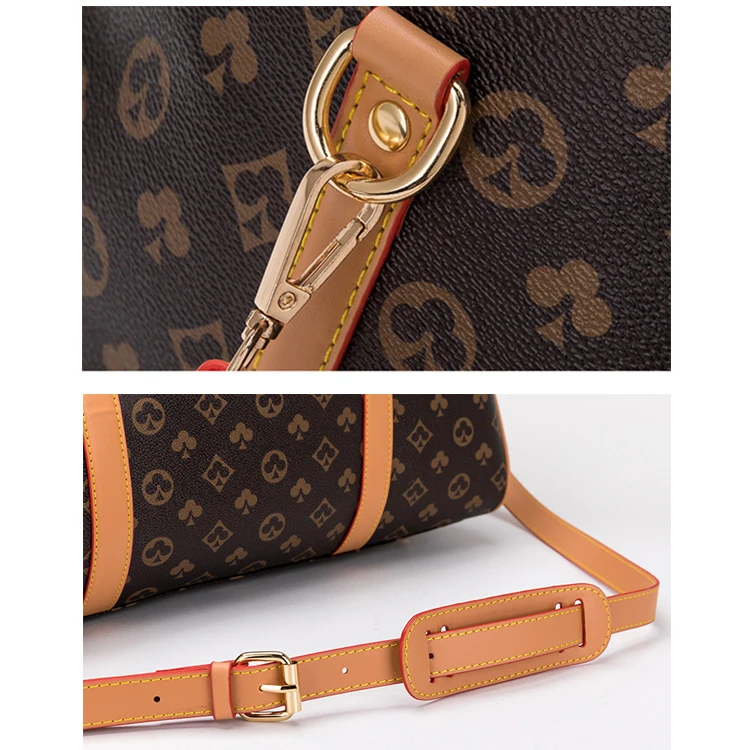 Custom Brand Logo Printed Black Zipper Luggage Travel Bags Checkered Vintage Weekender Luxury Men Women Hand Leather Duffle Bag