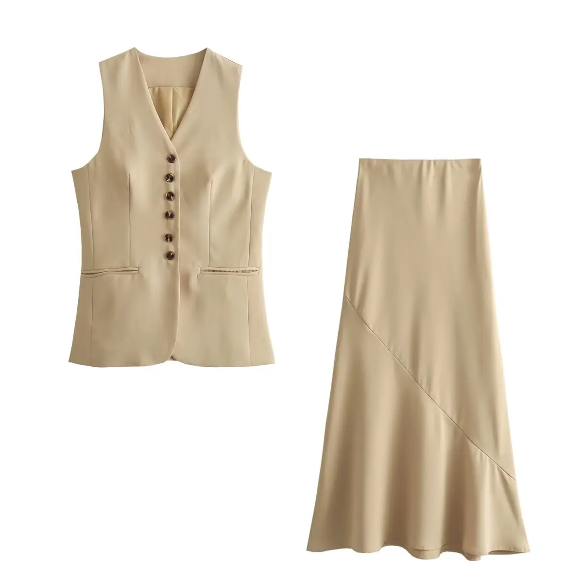 PB&ZA Women 2024 summer New Fashion Long khaki vest Vintage V Neck Button-up Female Waistcoat Chic Tops