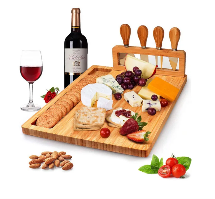 2022 EU & US top seller Large Bamboo Cheeses board and cheese Charcuterie wood plate Board Set with 4 Knives