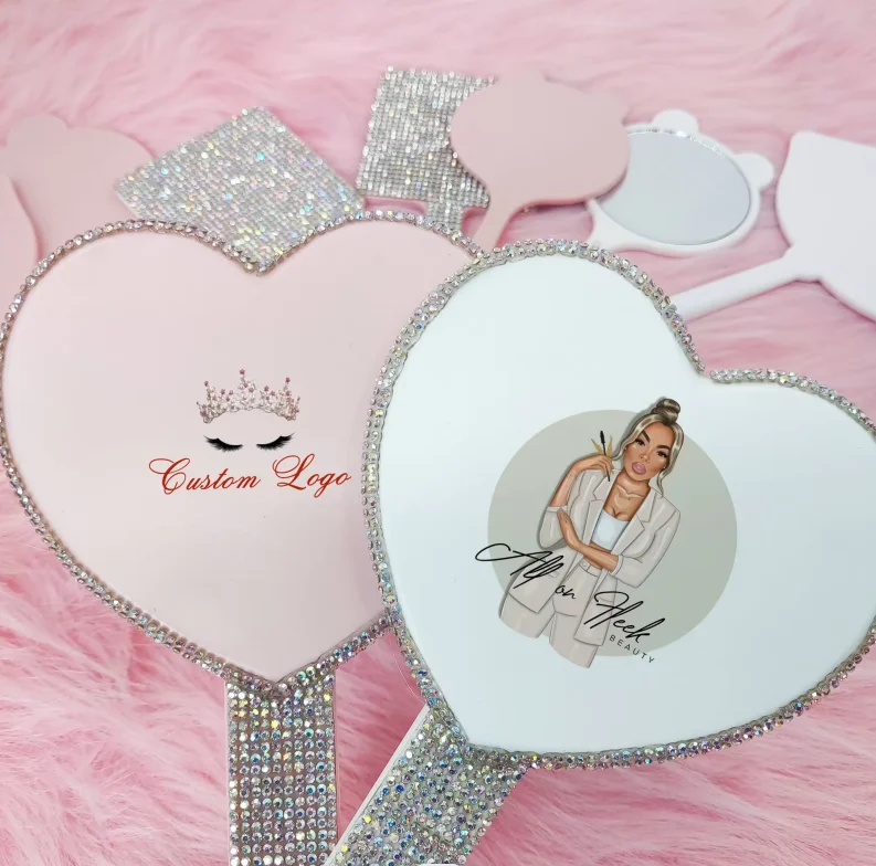 Shiny Diamond rhinestones decoration Bling Hand Held Mini Small Round Pocket Makeup Hand-Held Cosmetic Mirror With Handle