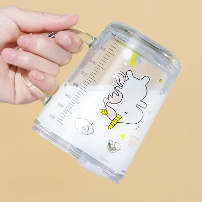 Cute Breakfast Milk Powder Cup With Scale Cartoon Glass Mug With Lid Handle Measuring Pipette Kid Milk Cup Microwaveab