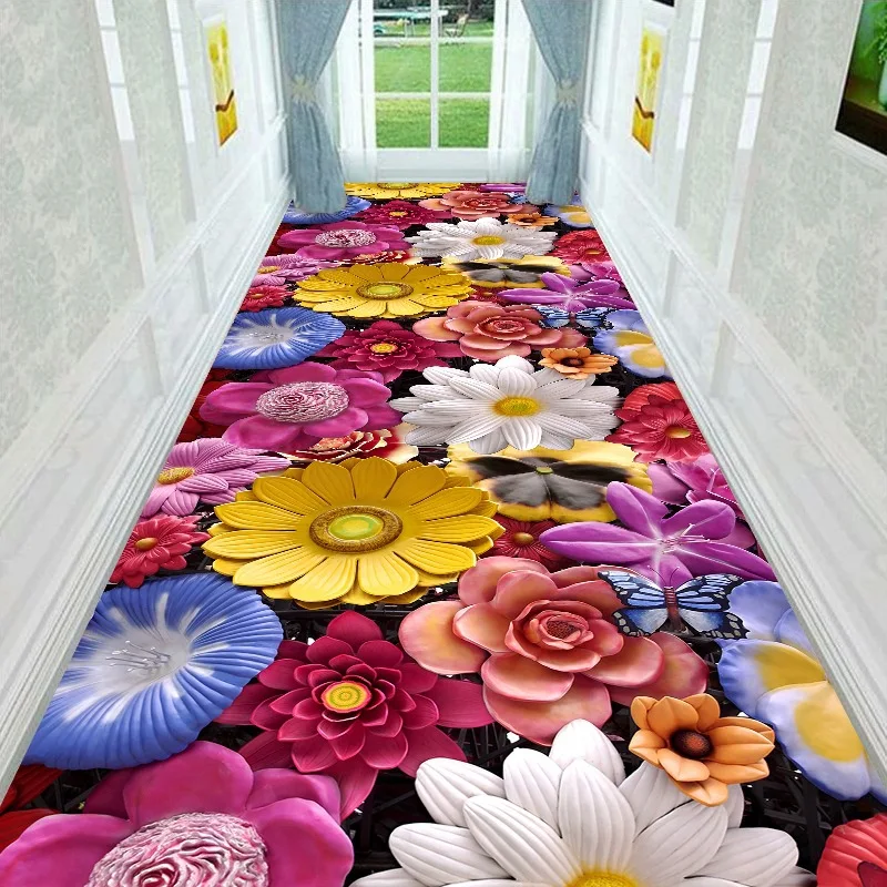 Ready-Made European 3D Floral Print Hallway Runner Rug,  Living Room Hotel Corridor Anti-slip carpet