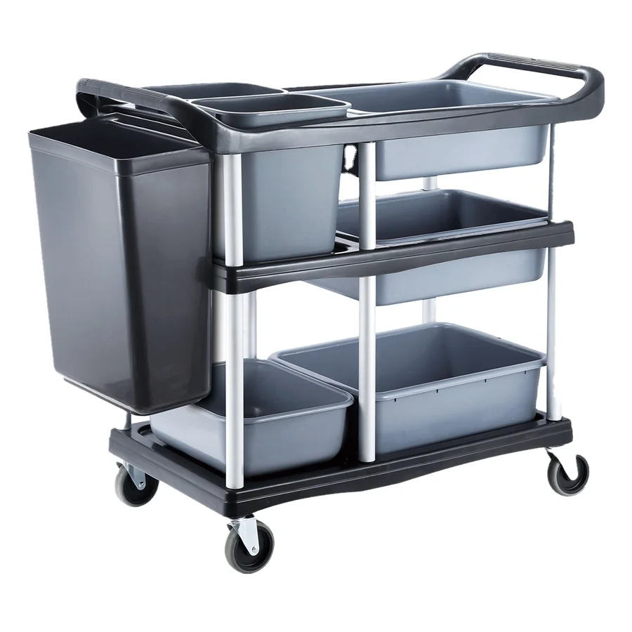 3 Tiers Service Cart with rubbish bin Factory Price school dining room Plastic Food Trolley Cart