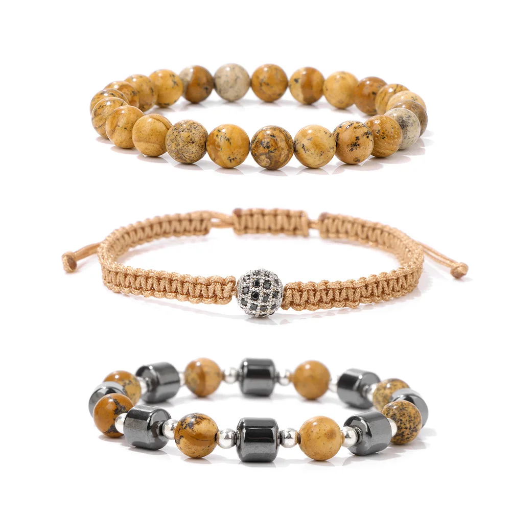 3pcs/set Hematite Stone Barbell Elastic Bracelet Charm Natural Stone Bracelet for Women Men