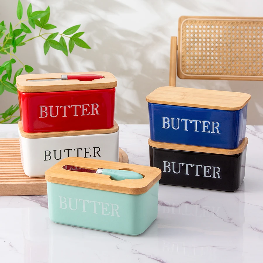 Western fresh cheese box porcelain set Bamboo and wood lid ceramic butter box with knife sealed tank butter box