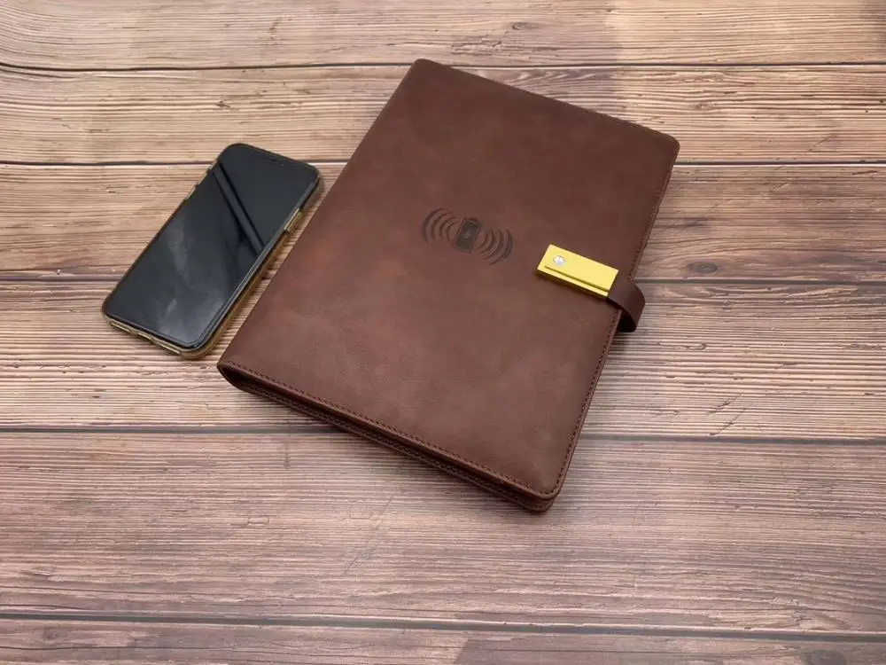 VTR Multifunctional A5 Leather Cover Wireless Charger Planner Diary Powerbank calculator notebook with Pocket and Usb