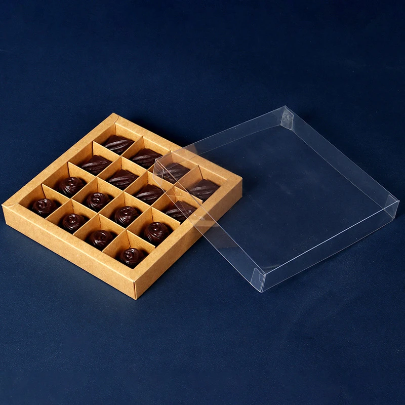 Custom Print Kraft Paper Square Chocolate Box With Transparent Lid And Compartment