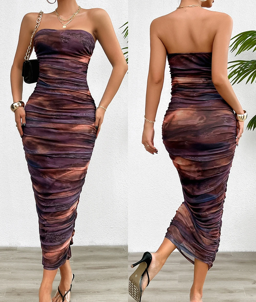2024 Fashion New Pleated Bodycon Tube Dress Ladies Long Bandage Dresses for Women Elegant Wholesale