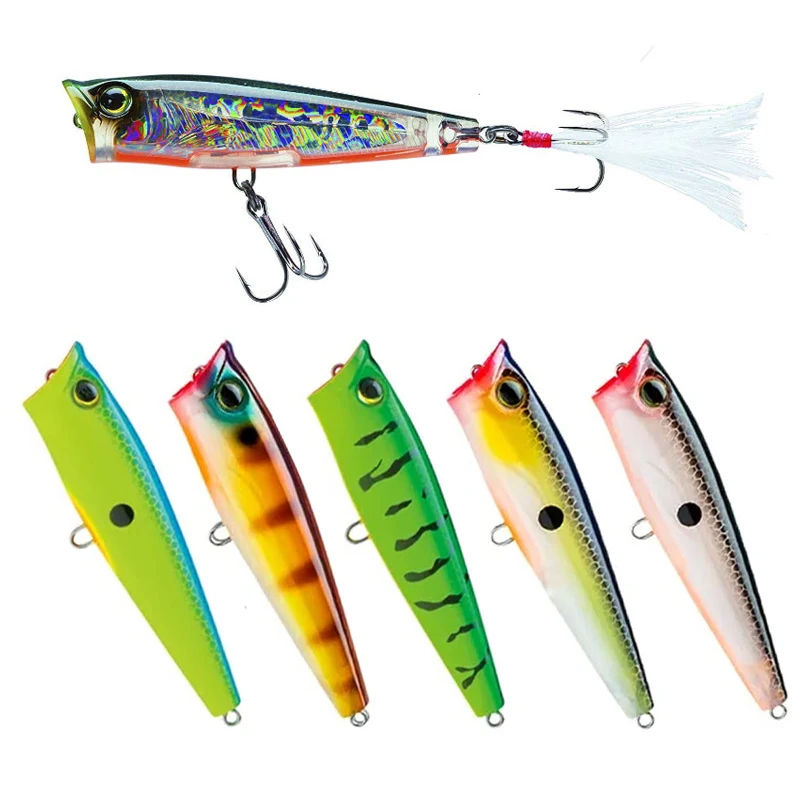 Topwater 65mm 7g Rush Popper Sea Fishing Lures Artificial Bait With Feather Hooks Wobbler 3D Eyes Lure For Bass Tuna