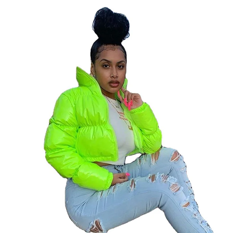 green shinny cropped long sleeve women bubble winter coat puffer jacket