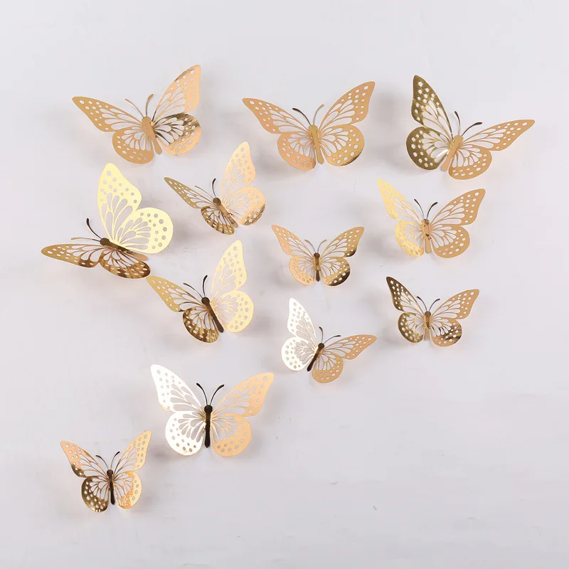 12PCS New 3D Hollow Golden Silver Butterfly Wall Stickers Art Home Decorations Wall Decals for Party Wedding Display Shop