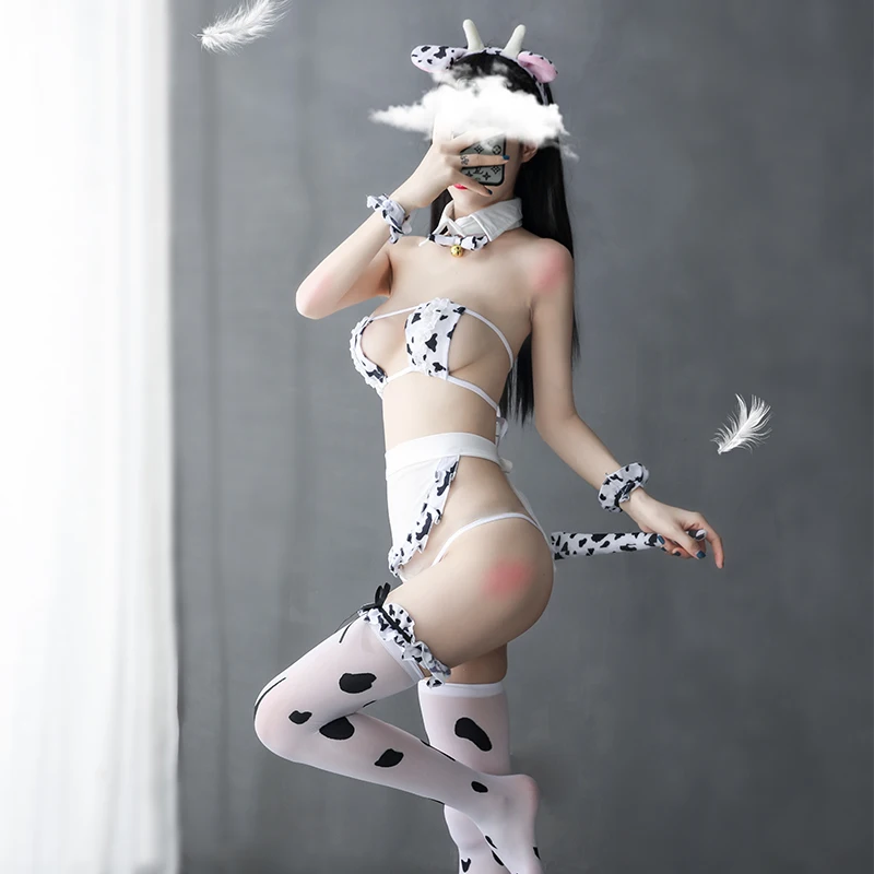 Hot Sale Cow Print Erotic Maid Dress Tube Top Exposed Breast Thong Sexy Underwear Sets