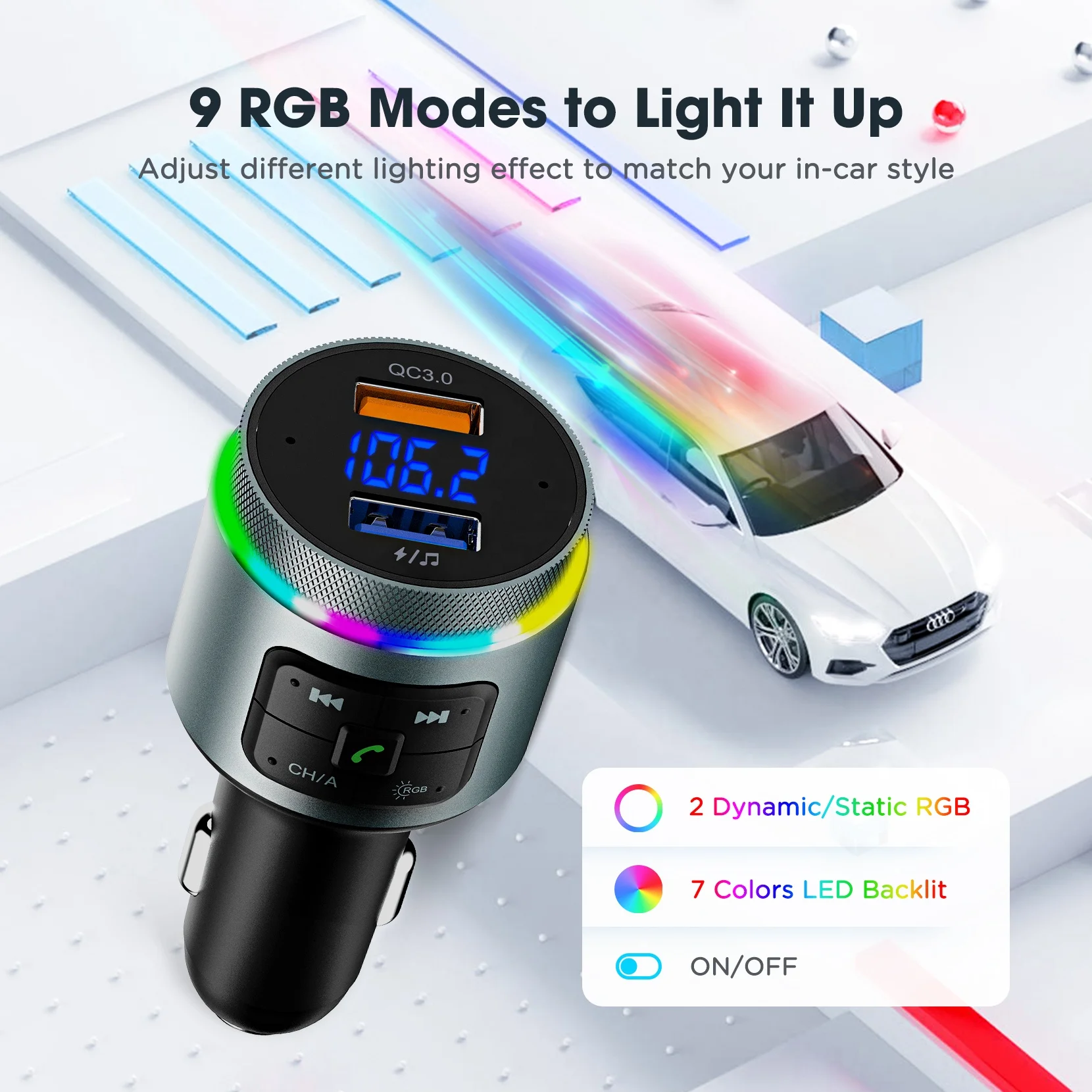AGETUNR T442 Car Mp3 Player Auto SCAN FM Transmitter 18W QC3.0 fast charge Handsfree 9 Light modes Activate Phone Voice Control