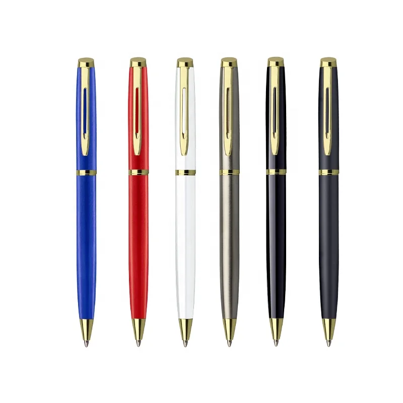 Luxury stainless steel metal body gold trim engraved logo twist ballpoint pen with gift box pen set stationery gift