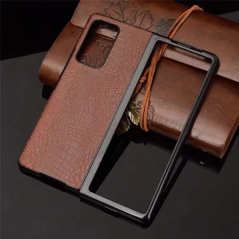 Unique pu leather phone case for  Samsung Galaxy Z Fold 2 Retro Lychee Pattern Folding Screen Hard PC Cover