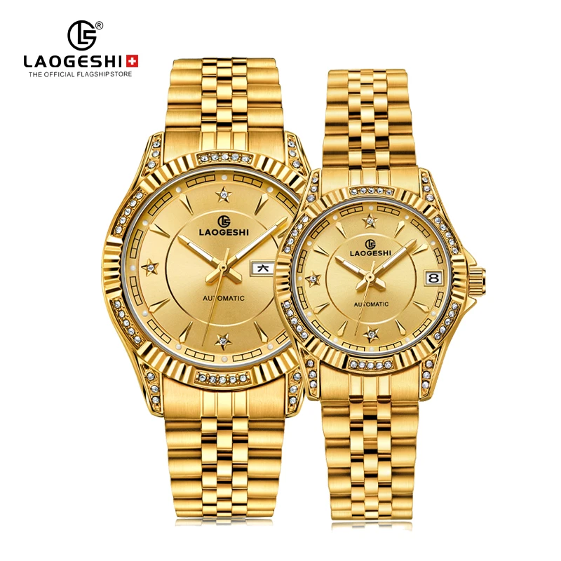 Automatic Vintage Calendar Mechanical Couples Watch Wholesale Chinese Luxury Golden Diamond Hand Couple Watches For Lovers