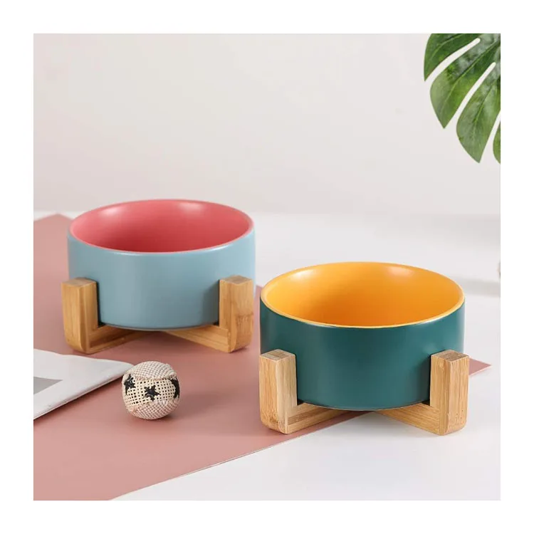 Bright Colored Ceramic Cat Dog Feeding Bowl Wooden Bowl Holder Handmade Fashion Bamboo Wooden Pet Feeder