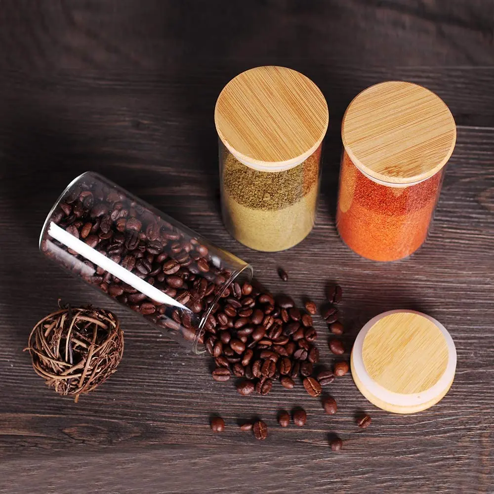 wholesale high borosilicate glass jar Bamboo or wooden lid 300/350/450/500/600/750/900/1000/1100/1500ml