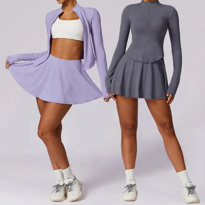 Women 2pcs Athletic Sports Gym UPF50+ UV Sun Protection Workout Long Sleeve Jacket Skorts Built-in shorts tennis golf Skirts Set
