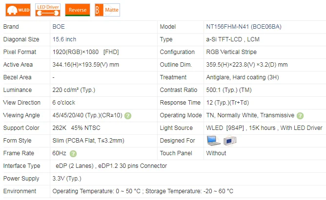 BOE 30 Pins 15.6 inch lcd display panel NT156FHM-N41 1920*1080 Full HD 220 nits lcd module for treadmill