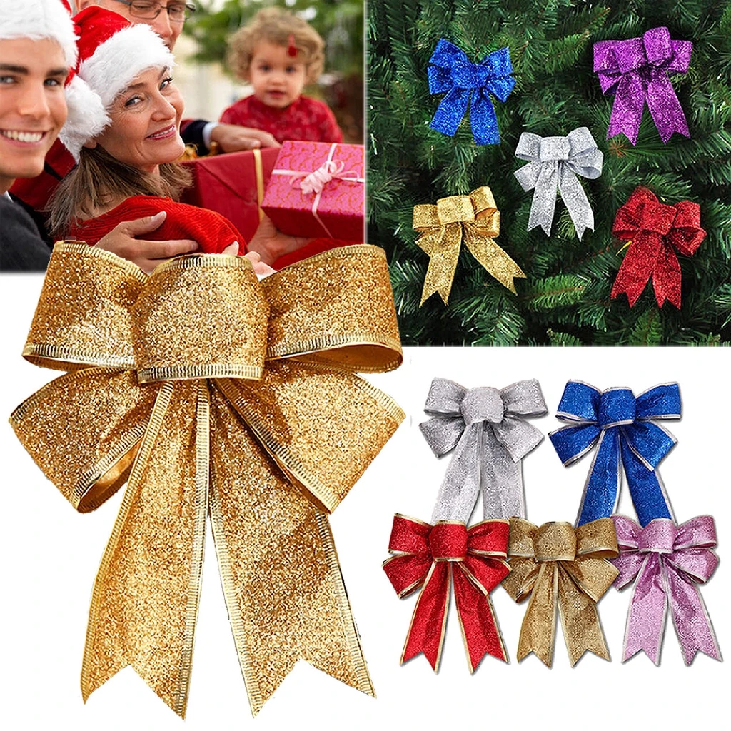 Bows Ribbon Bowknot Glitter Christmas Bow Christmas Tree Party Decor For Home rattan christmas tree decorations