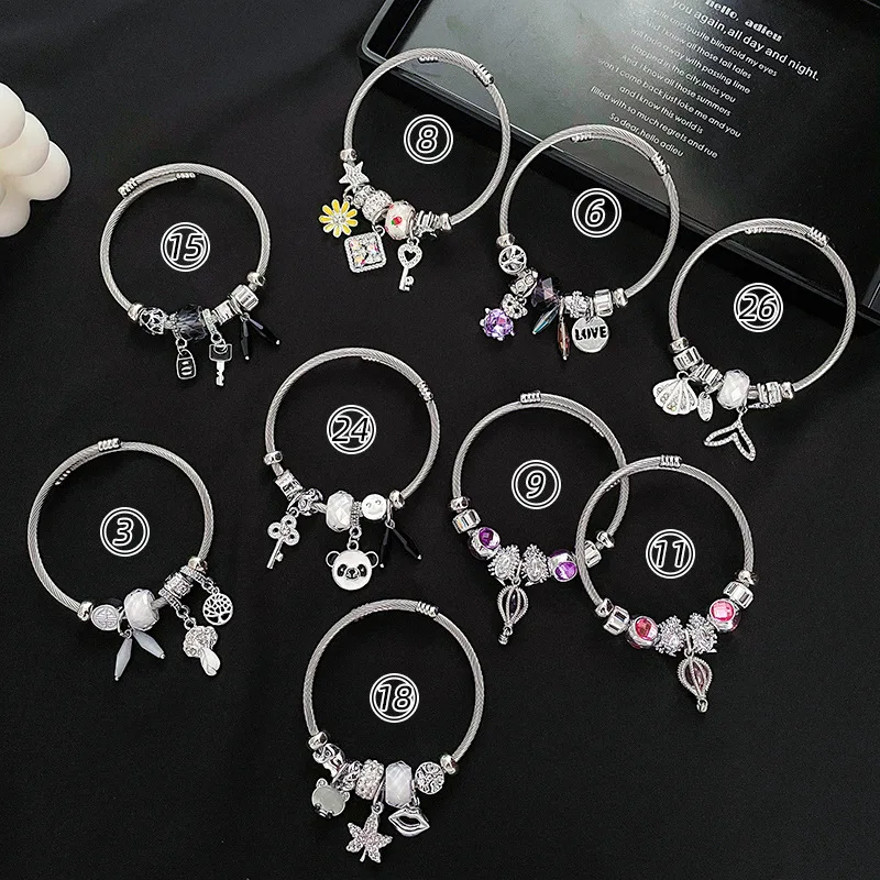 High quality stainless steel charm bracelet crystal large hole beads charm bracelet for women