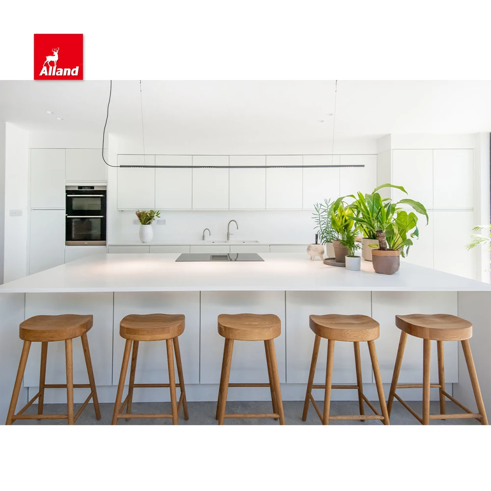AllandCabinet Custom Good Price Modern White Matte Lacquer MDF Plywood Kitchen Cabinet Design with Countertop Island Flat Style