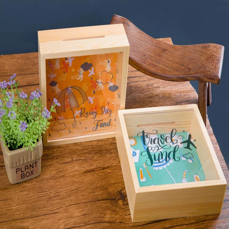 Adults Coin Cash Money Saving Box Decorative Shadow Box Wooden Frame Piggy Bank Glass Natural Windows for Kids with Transparent