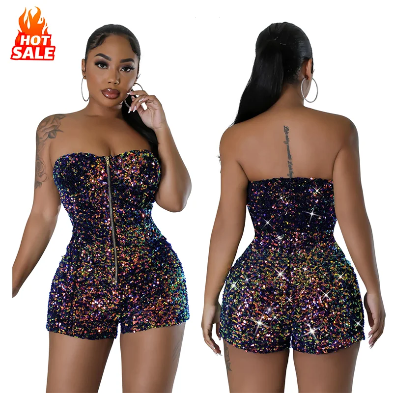 CY900933 Sequin Jumpsuit Shorts Front Zip Up Bandeau Tube Top Casual Playsuit Jumpsuits Women