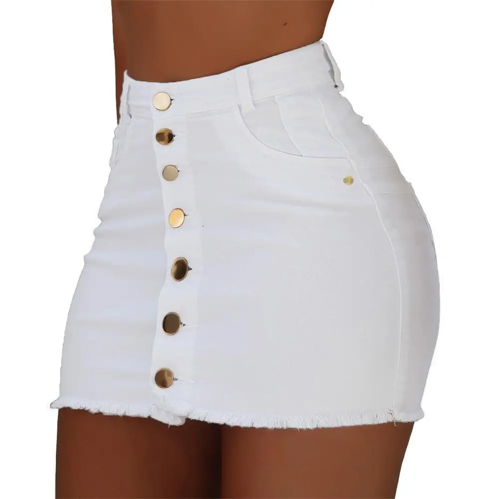 Solid Color Single Breasted Pockets Fashion Trend Raw Edge High Waist Girls Sexy Short Mini Skirt Denim Skirt Women