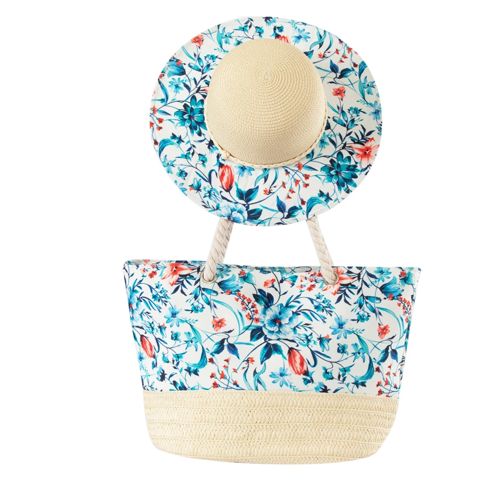 JAKIJAYI Brand Hot Sale Plant  Ladies Wholesale Summer Paper  Floppy Straw Hat With Starfish Canvas Beach Bag Set
