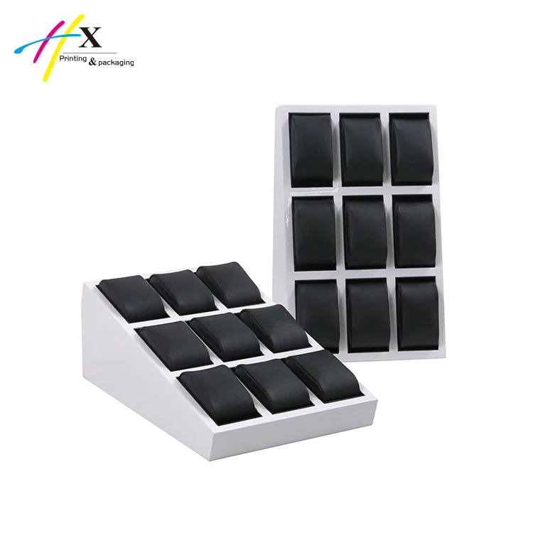 Multi-function white  Luxury Custom Logo Pillow Holder Wooden black PU Leather Watch Display Stand Window Display Set Watch Tray