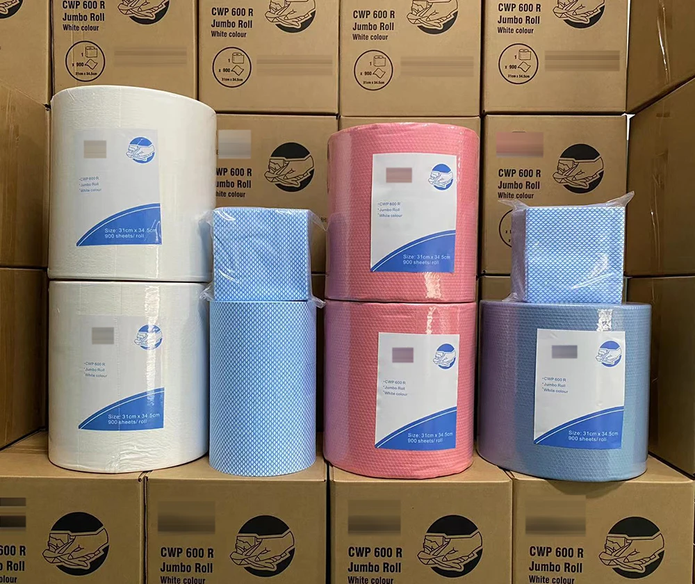 Бесплатные образцы салфетки для тяжелых условий службы на заказ, промышленные нетканые материалы, сине-красная ручная ткань, рулонные полотенца для магазина