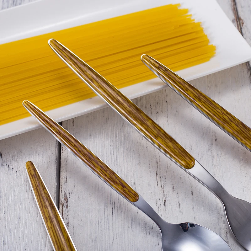 16PCS Western Portable Wood Grain Handle Flatware Stainless Steel Spoon And Fork Set