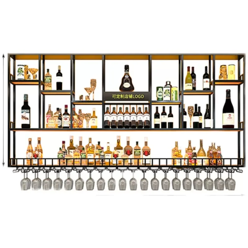 High Quality Metal Bar Cabinet Wall Mounted Wine Rack Customized Industrial Led Lights Pub Bar Wine Display Shelf