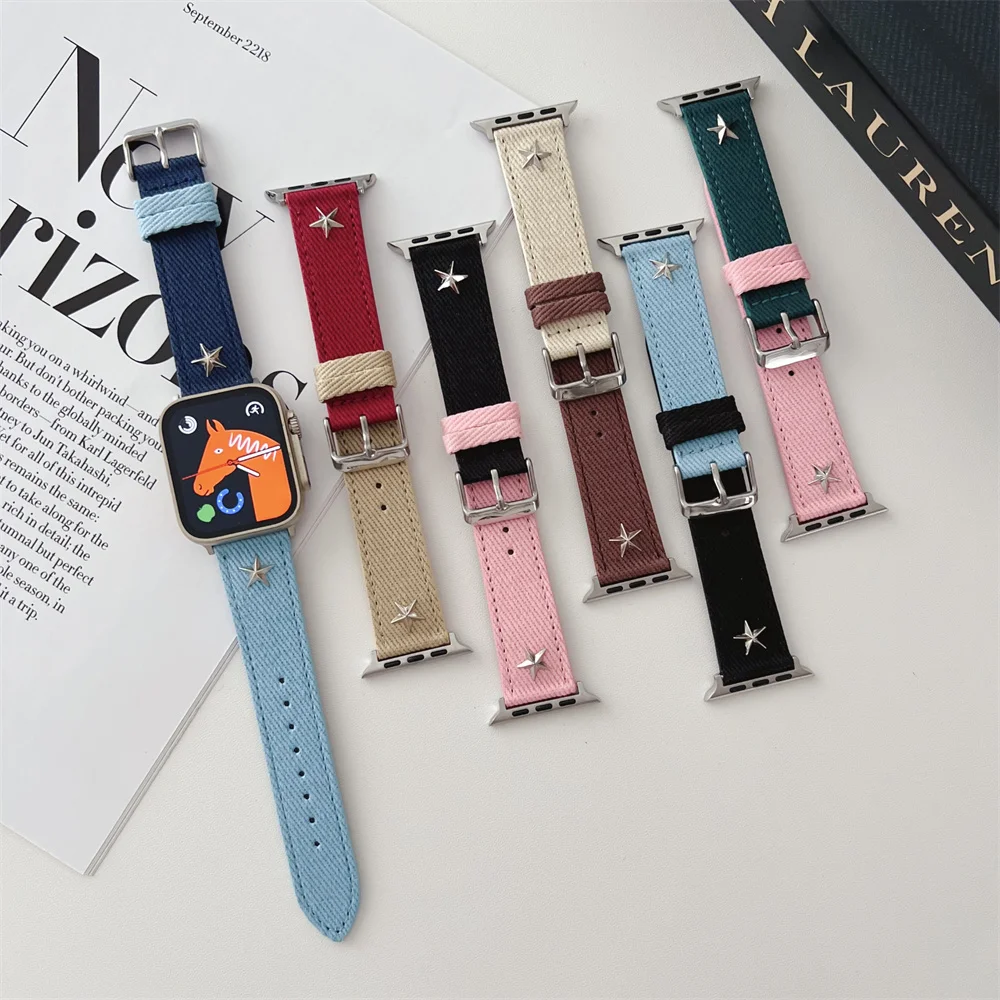 Five Star Denim Canvas with Leather Watch Strap For iWatch, For iWatch Ultra Five Star Denim Watch Band