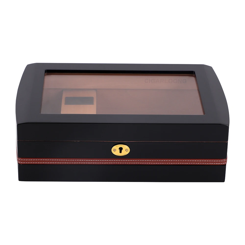 Wholesale Manufacturer Curved Edge Pack Wood Cigar Box Glass Top Digital Hygrometer Wood Cigar Humidor Box