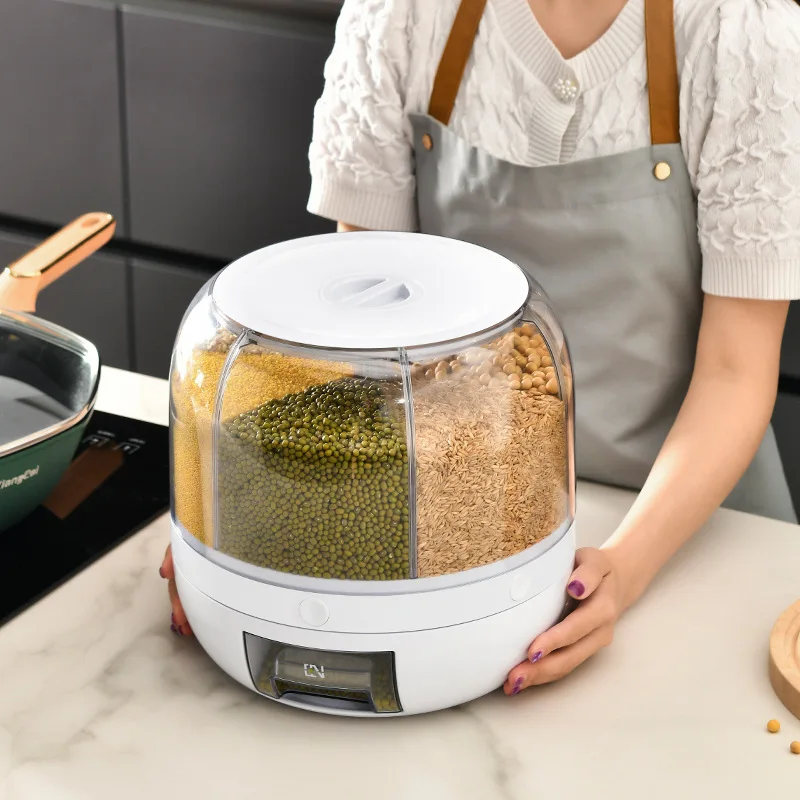 Plastic 360 Degree Rotation Storage Container Cereal Dry Food Rice Grain Storage Dispenser Box with Measuring Cup