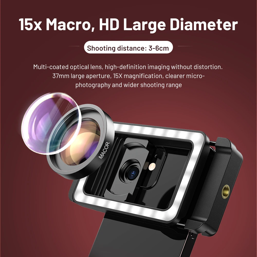 37MM Large Aperture 15x Macro Lens with LED Fill Light Phone Adapter for Eyelash Beauty Jewelry Photography