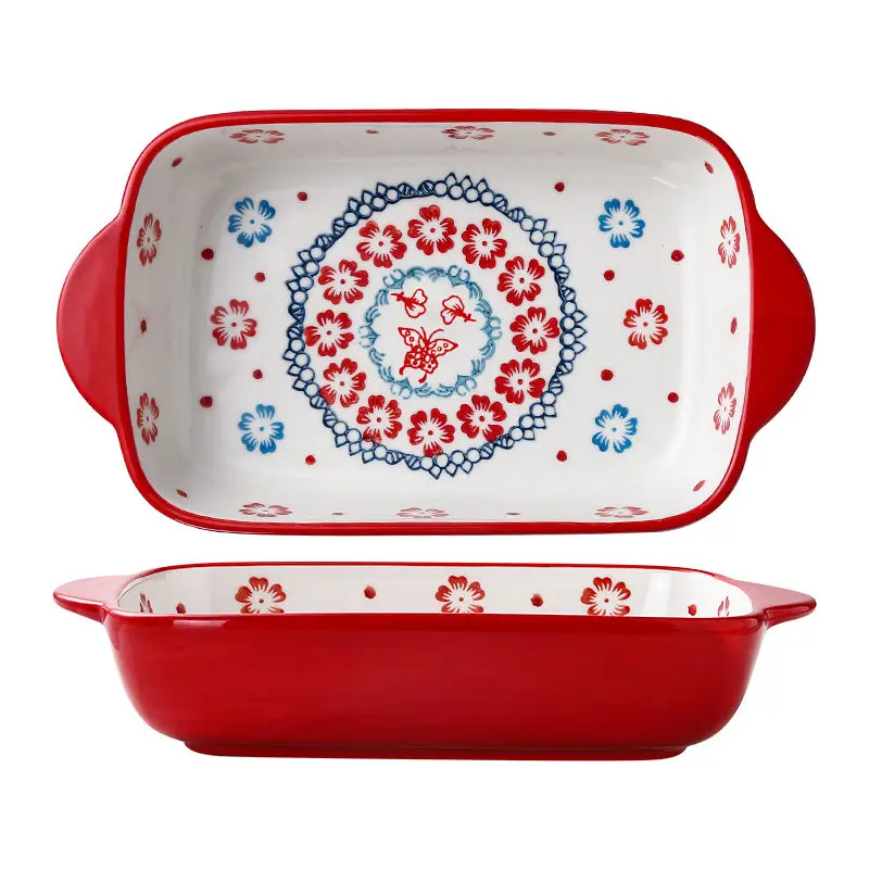 Binaural ceramic baking tray hand-painted household pizza plate baked rice plate salad bowl