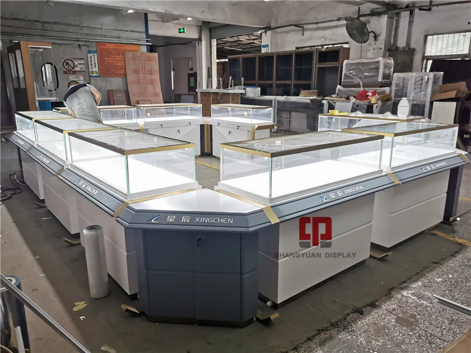 Customized wooden glass display cabinet gold jewelry kiosk paint showcase manufacturer jewelry display counter furniture